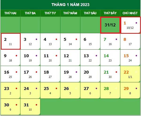 Lịch nghỉ tết dương lịch 2023